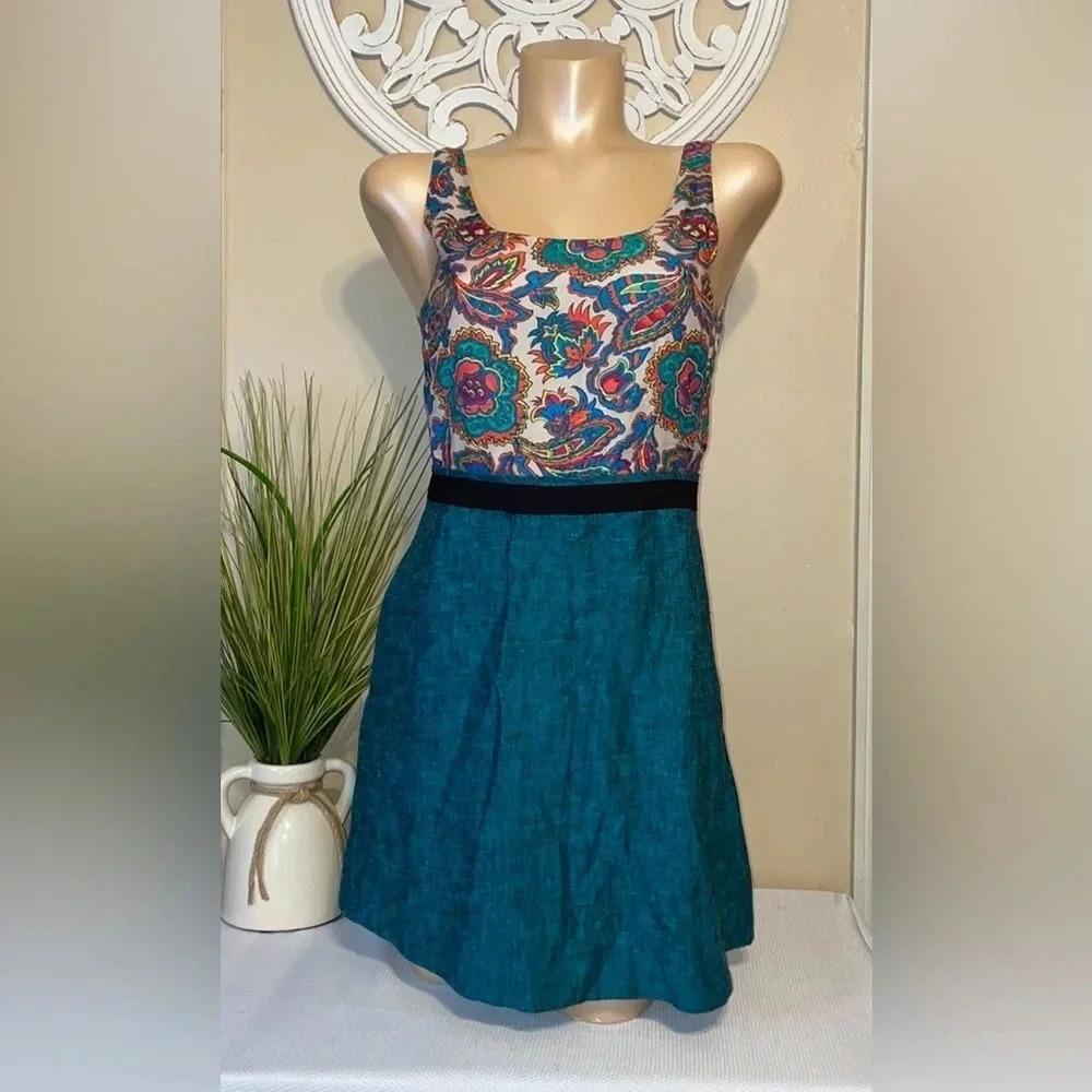 Rachel Roy women’s dress 6 small tank cutout tie back linen floral tie back teal